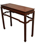 Black lacquered wood altar table with four straight legs and side stretchers, suitable for an office room setting.