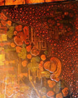 Close-up of abstract painting with red, green, and yellow patterns inspired by Lacquered Trunk on Stand.