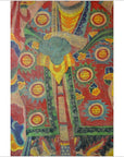 Close-up of a vibrant Laotian parchment painting featuring ornate geometric patterns in good condition.