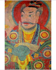 Colorful parchment painting featuring stern man in ornate robes with sword and red halo, Laotian art, close-up.