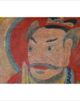 Colorful parchment painting featuring a stern, mustached man holding a sword on a red and blue background.