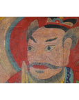 Colorful parchment painting featuring a stern, mustached man holding a sword on a red and blue background.