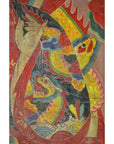 Colorful Laotian parchment painting with two dragon-like creatures, swirling clouds, and waves in plexiglass frame.