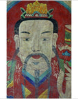 Colorful Laotian parchment painting featuring a crowned man with mustache and lotus, close-up view.
