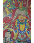 Colorful parchment painting with bearded man, dragon, glowing yellow face, and bright patterns, Laotian art close-up.