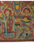 Colorful parchment painting of two figures in ornate robes, one holding a scroll, decorative background.
