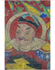 Colorful parchment painting with stern mustached man in hat and ornate robe, surrounded by vivid patterns.