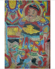 Vivid parchment painting with armored mustached warrior and small green dragon, Asian style mural artwork.