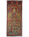 Multicolor Laotian parchment painting of regal figure with crown, flanked by two smaller figures, good condition.