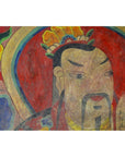 Red parchment painting close-up of a crowned, bearded Laotian man with mustache, ancient art style.