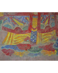 Multicolor parchment painting with red, yellow, green, and blue abstract fabric and cloud patterns.