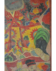 Colorful red, yellow, and green Laotian parchment painting with partial figure at bottom, good condition.