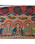 Colorful parchment painting of seated figures in robes with halos, clouds, and decorative patterns, in good condition.