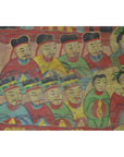 Colorful parchment painting showing nine men and one woman in historic Chinese dress, traditional Laotian art style.