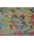 Colorful parchment painting featuring four figures in ornate costumes riding lion-like creatures, good condition.