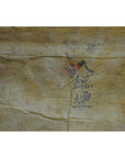 Faded black and red parchment painting on wrinkled, yellowed paper.