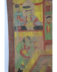Multicolor Laotian parchment painting featuring a royal figure above an anthropomorphic ox, both in traditional dress.