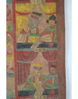 Multicolor parchment panels with ornate backgrounds, showing robed figures seated at tables, in good condition.