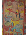 Colorful Laotian parchment painting showing two people in a cauldron above figures and animal-headed beings.
