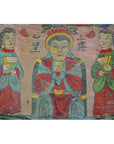 Colorful Laotian parchment painting with three figures in traditional attire, two holding fans, central figure seated.