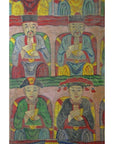 Multicolor parchment painting of four seated figures in traditional Laotian robes and hats, folk art style, close-up.