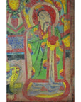Colorful parchment painting with a robed figure, halo, red object, seated by lion; Laotian art in good condition.