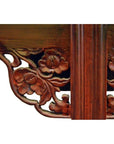 Brown antique carved elm wood altar table with floral patterns and stained finish, set against a white background.