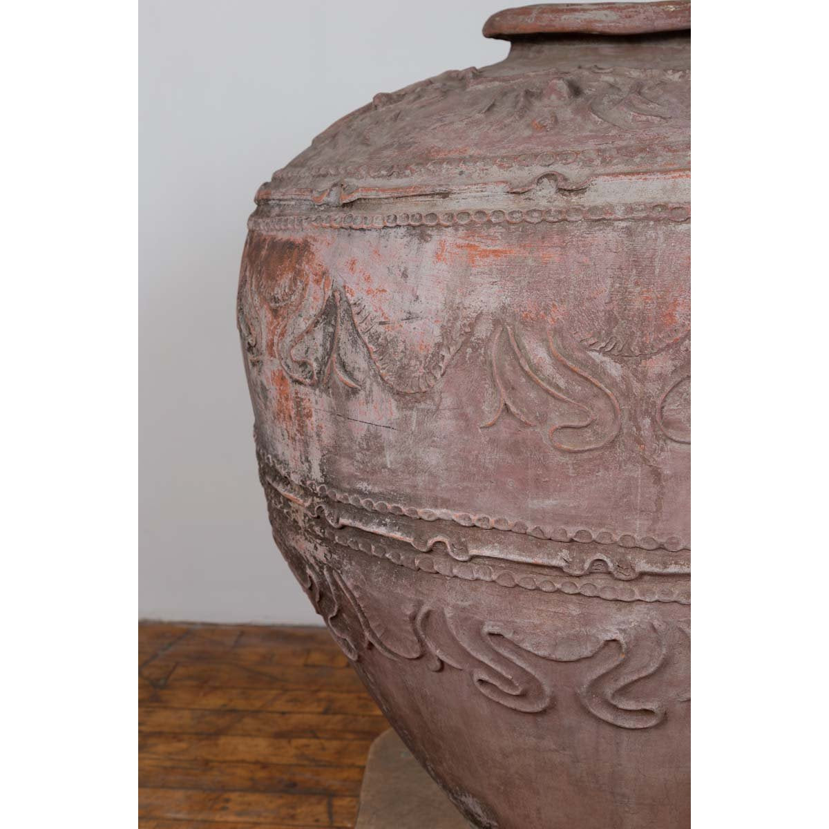Large Antique Indonesian Terracotta Water Jar with Wavy Patterns and Aged Patina-7. Asian & Chinese Furniture, Art, Antiques, Vintage Home Décor for sale at FEA Home