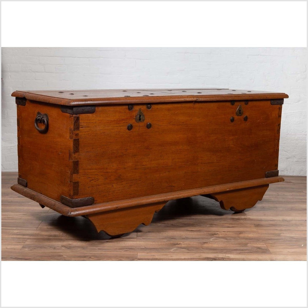Large Antique Javanese Teak Wood Blanket Chest on Wheels with Iron Nailheads-11. Asian & Chinese Furniture, Art, Antiques, Vintage Home Décor for sale at FEA Home