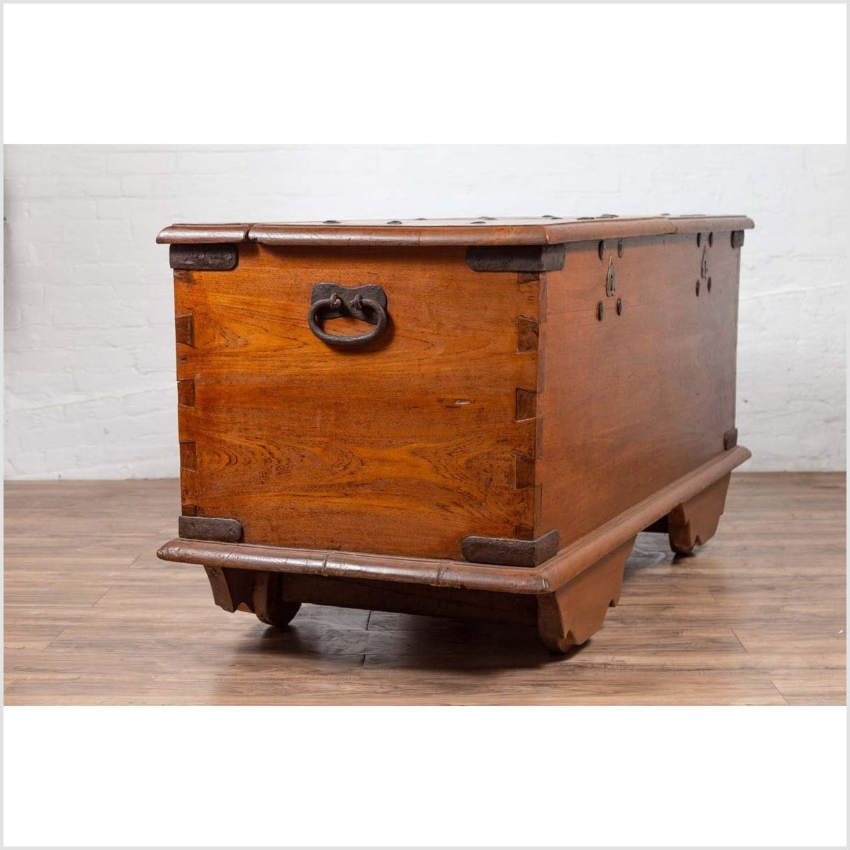 Large Antique Javanese Teak Wood Blanket Chest on Wheels with Iron Nailheads-12. Asian & Chinese Furniture, Art, Antiques, Vintage Home Décor for sale at FEA Home