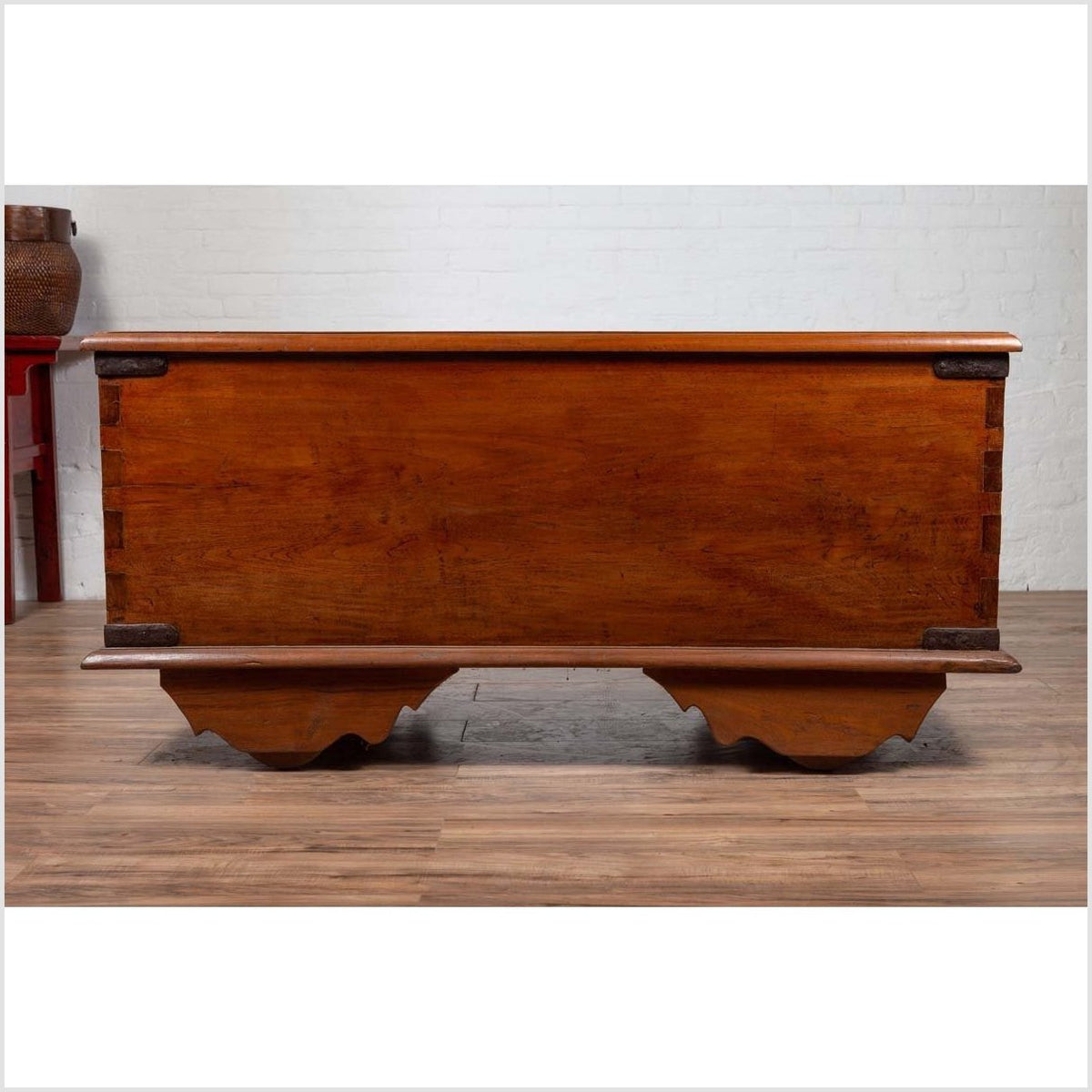 Large Antique Javanese Teak Wood Blanket Chest on Wheels with Iron Nailheads-15. Asian & Chinese Furniture, Art, Antiques, Vintage Home Décor for sale at FEA Home