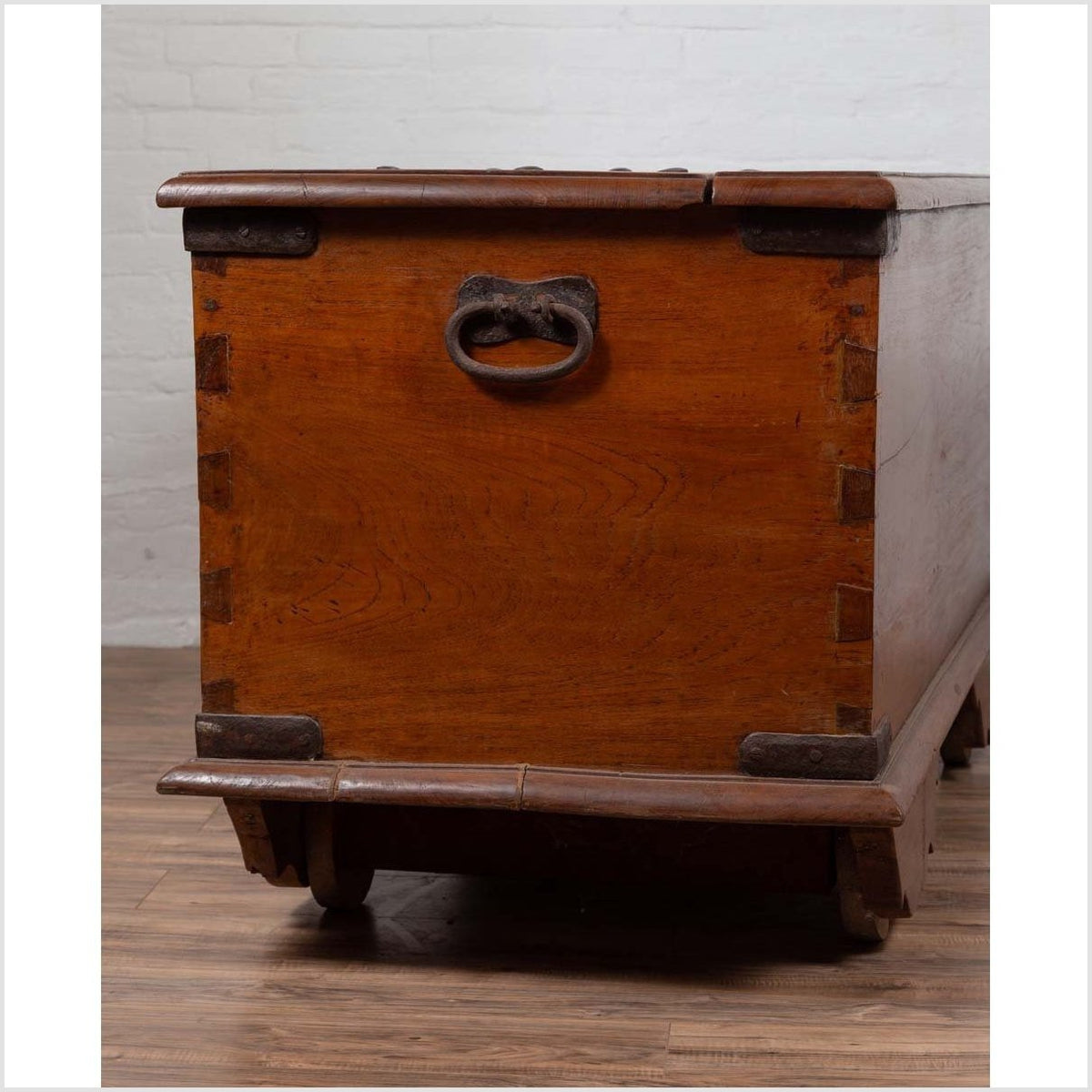 Large Antique Javanese Teak Wood Blanket Chest on Wheels with Iron Nailheads-16. Asian & Chinese Furniture, Art, Antiques, Vintage Home Décor for sale at FEA Home