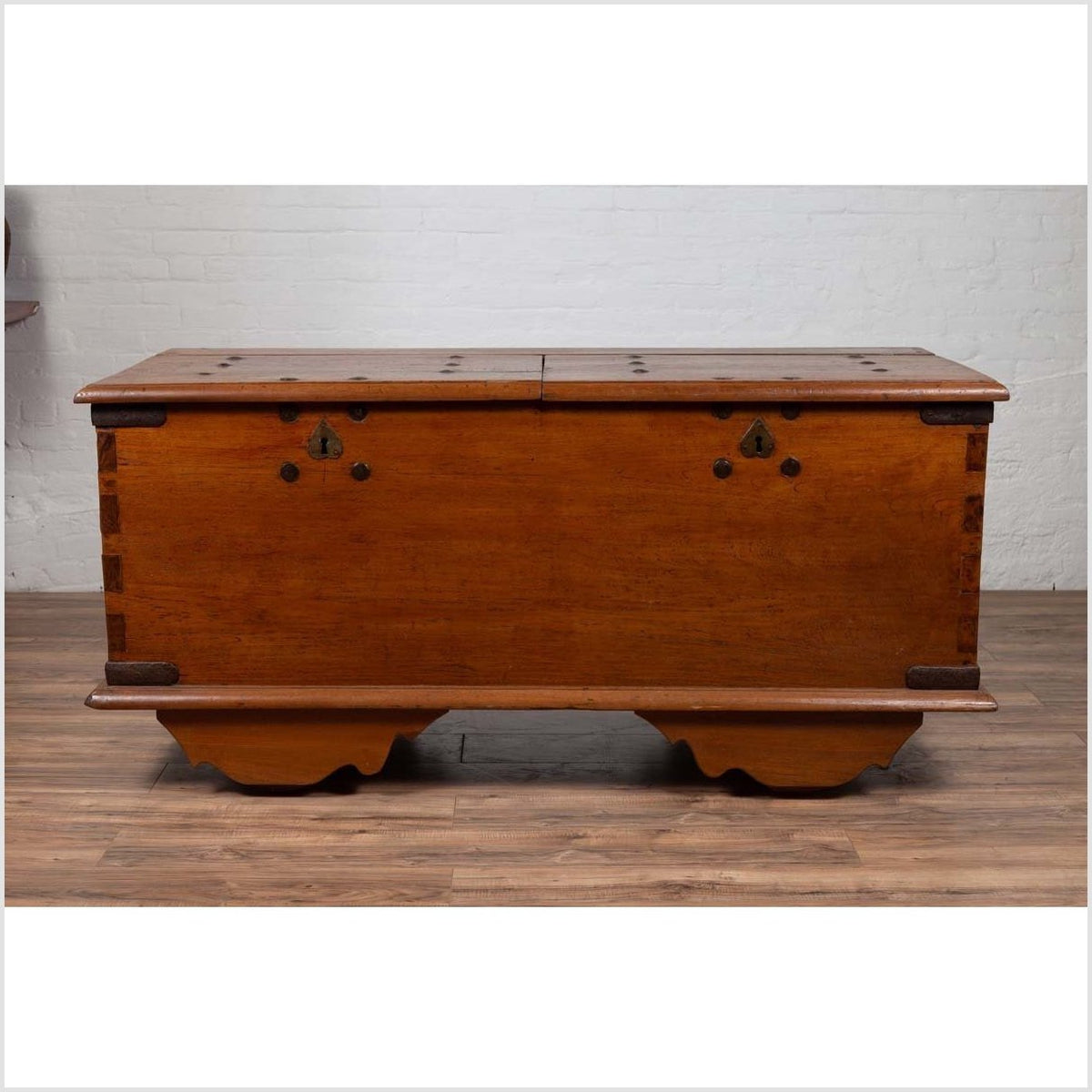 Large Antique Javanese Teak Wood Blanket Chest on Wheels with Iron Nailheads-3. Asian & Chinese Furniture, Art, Antiques, Vintage Home Décor for sale at FEA Home