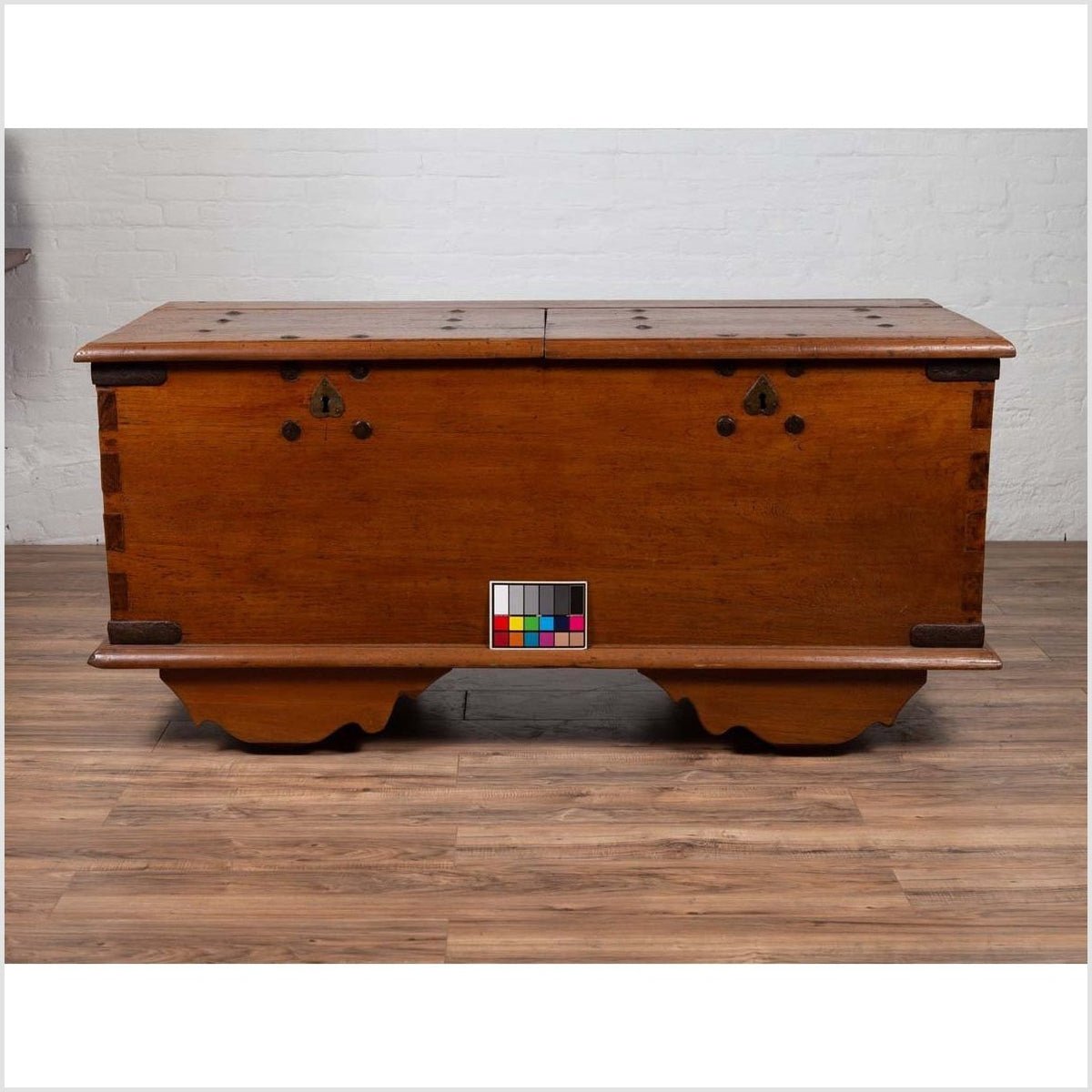 Large Antique Javanese Teak Wood Blanket Chest on Wheels with Iron Nailheads-4. Asian & Chinese Furniture, Art, Antiques, Vintage Home Décor for sale at FEA Home