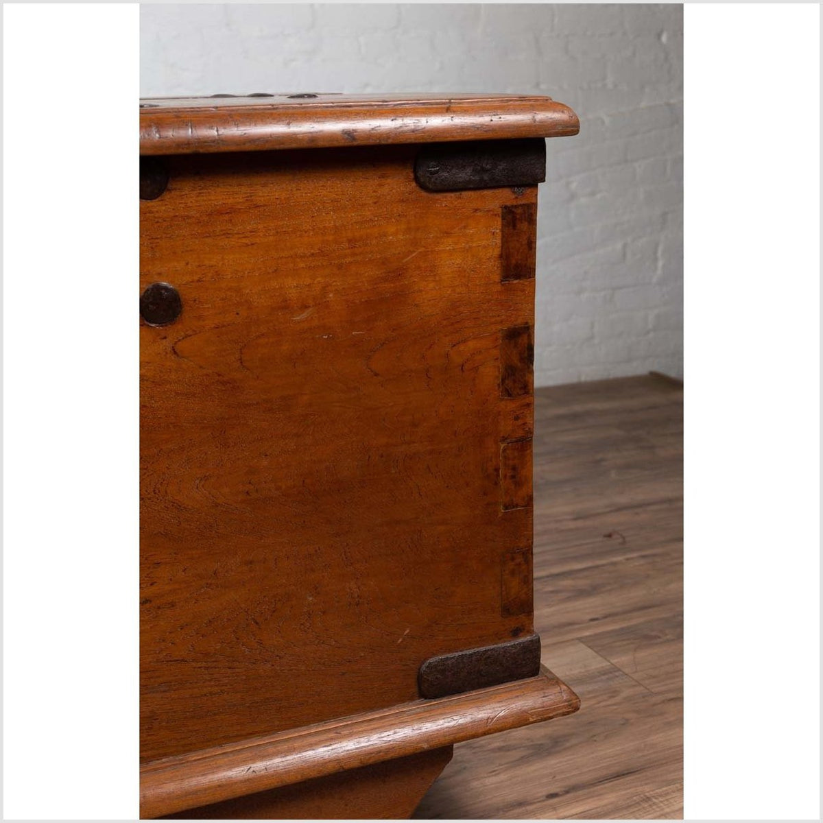 Large Antique Javanese Teak Wood Blanket Chest on Wheels with Iron Nailheads-7. Asian & Chinese Furniture, Art, Antiques, Vintage Home Décor for sale at FEA Home