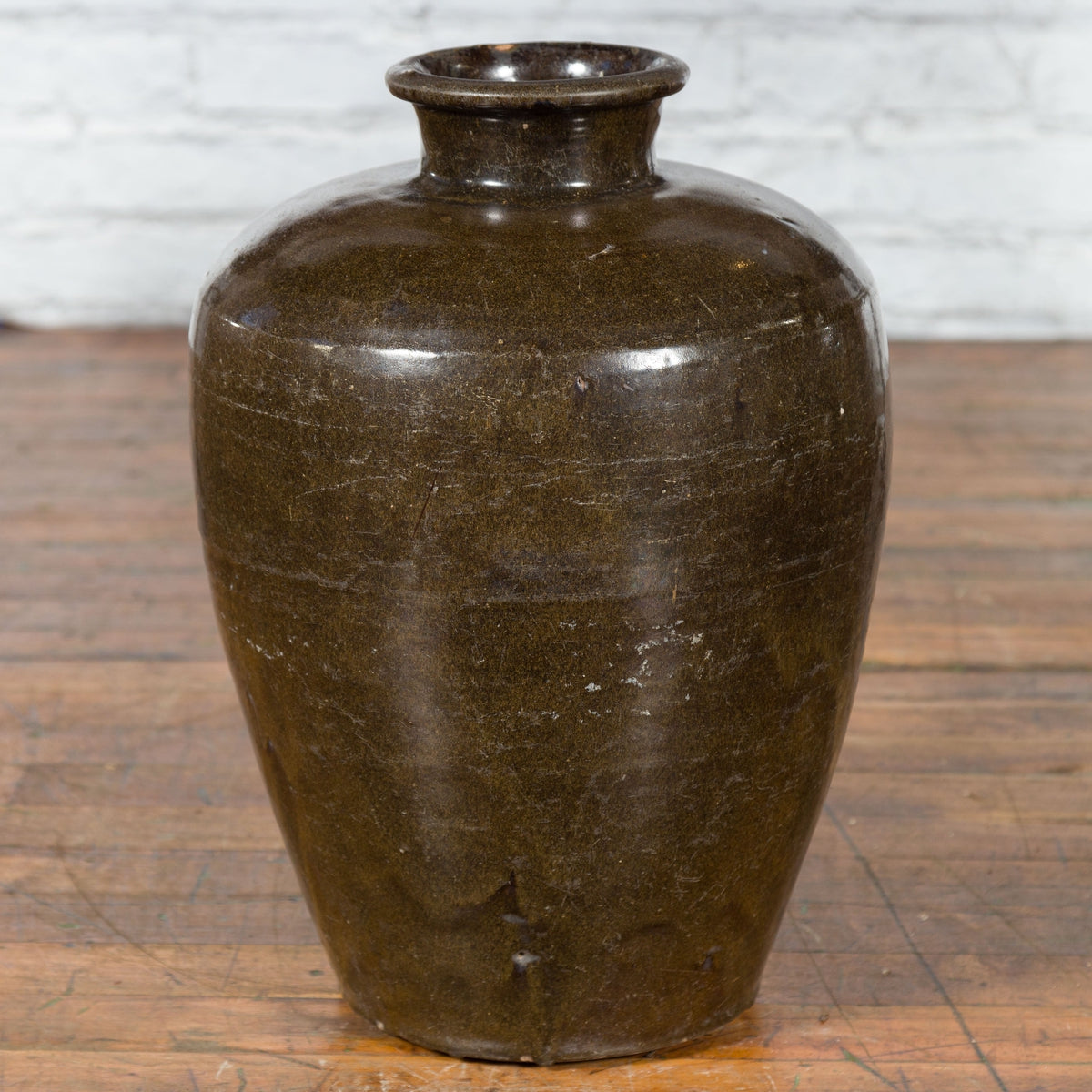 Large Antique Thai Monochrome Glazed Storage Jar with Tapering Lines-4. Asian & Chinese Furniture, Art, Antiques, Vintage Home Décor for sale at FEA Home