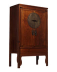 Dark wood armoire with round medallion hardware, curved legs, double doors, and lower drawer, 19th-century Chinese style.
