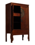 Dark wood Chinese armoire with round medallion handle, open door revealing interior shelves and a drawer, 19th-century.