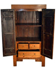 Dark wood Chinese armoire with carved panels, two open doors, two shelves, and four interior drawers, 19th century.