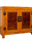 Brown and tan burl and elm wood cabinet with doors, two-tone finish, round central lock, antique style.