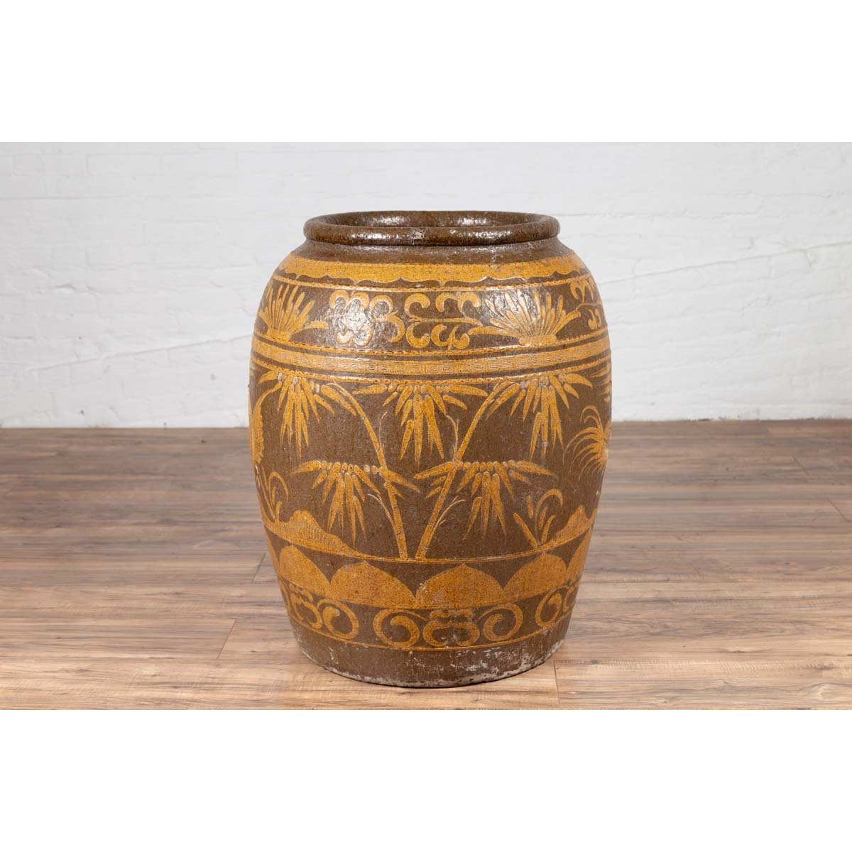 Large Chinese Antique Planter with Mustard Glaze & Bird Design-11. Asian & Chinese Furniture, Art, Antiques, Vintage Home Décor for sale at FEA Home