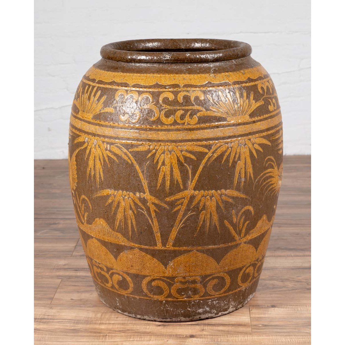 Large Chinese Antique Planter with Mustard Glaze & Bird Design-12. Asian & Chinese Furniture, Art, Antiques, Vintage Home Décor for sale at FEA Home