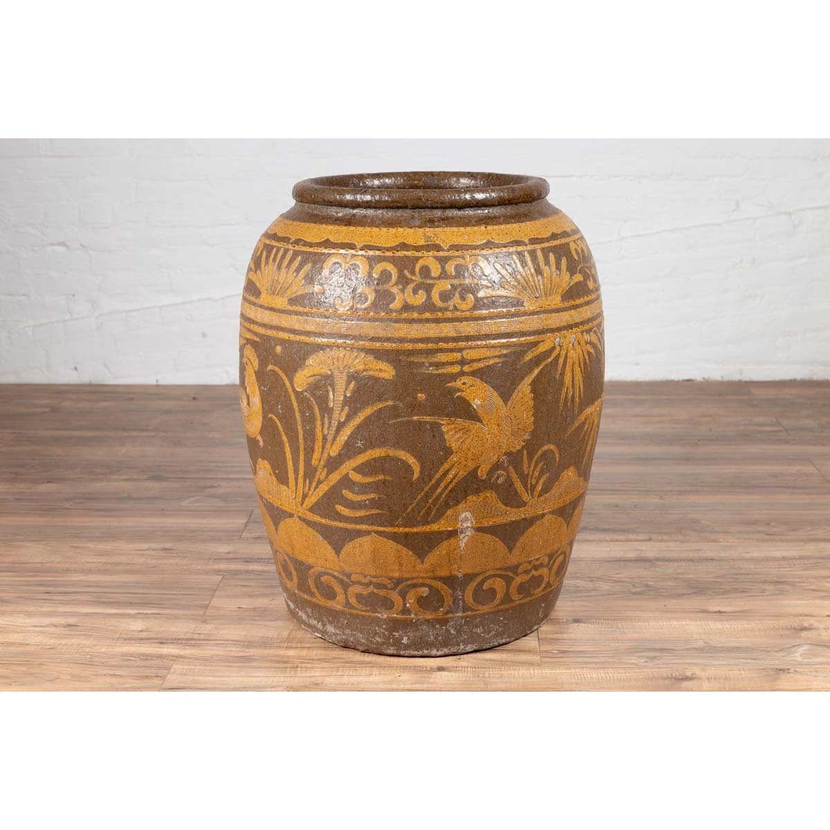Large Chinese Antique Planter with Mustard Glaze & Bird Design-13. Asian & Chinese Furniture, Art, Antiques, Vintage Home Décor for sale at FEA Home