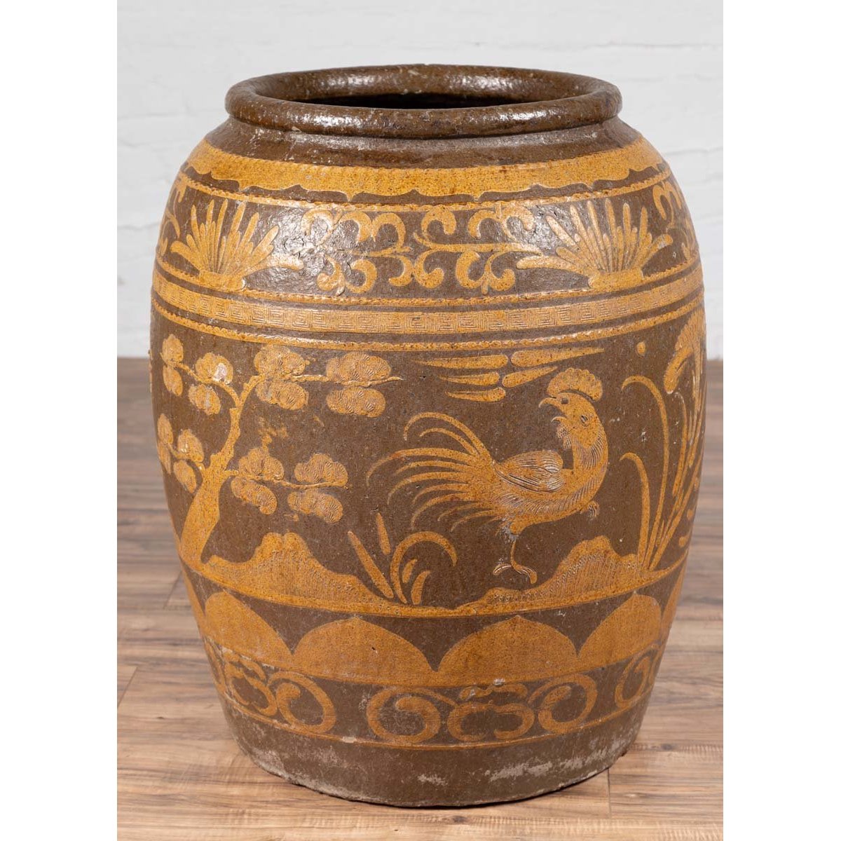 Large Chinese Antique Planter with Mustard Glaze & Bird Design-14. Asian & Chinese Furniture, Art, Antiques, Vintage Home Décor for sale at FEA Home