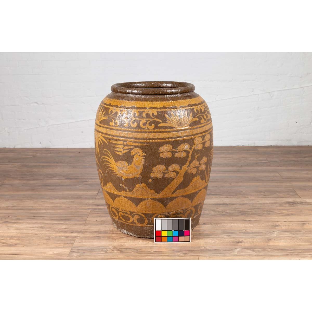 Large Chinese Antique Planter with Mustard Glaze & Bird Design-4. Asian & Chinese Furniture, Art, Antiques, Vintage Home Décor for sale at FEA Home