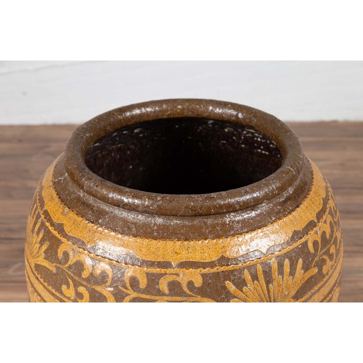 Large Chinese Antique Planter with Mustard Glaze & Bird Design-5. Asian & Chinese Furniture, Art, Antiques, Vintage Home Décor for sale at FEA Home