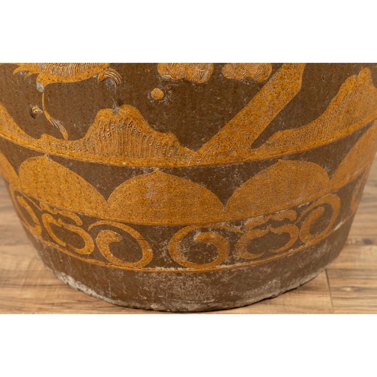 Large Chinese Antique Planter with Mustard Glaze & Bird Design-8. Asian & Chinese Furniture, Art, Antiques, Vintage Home Décor for sale at FEA Home