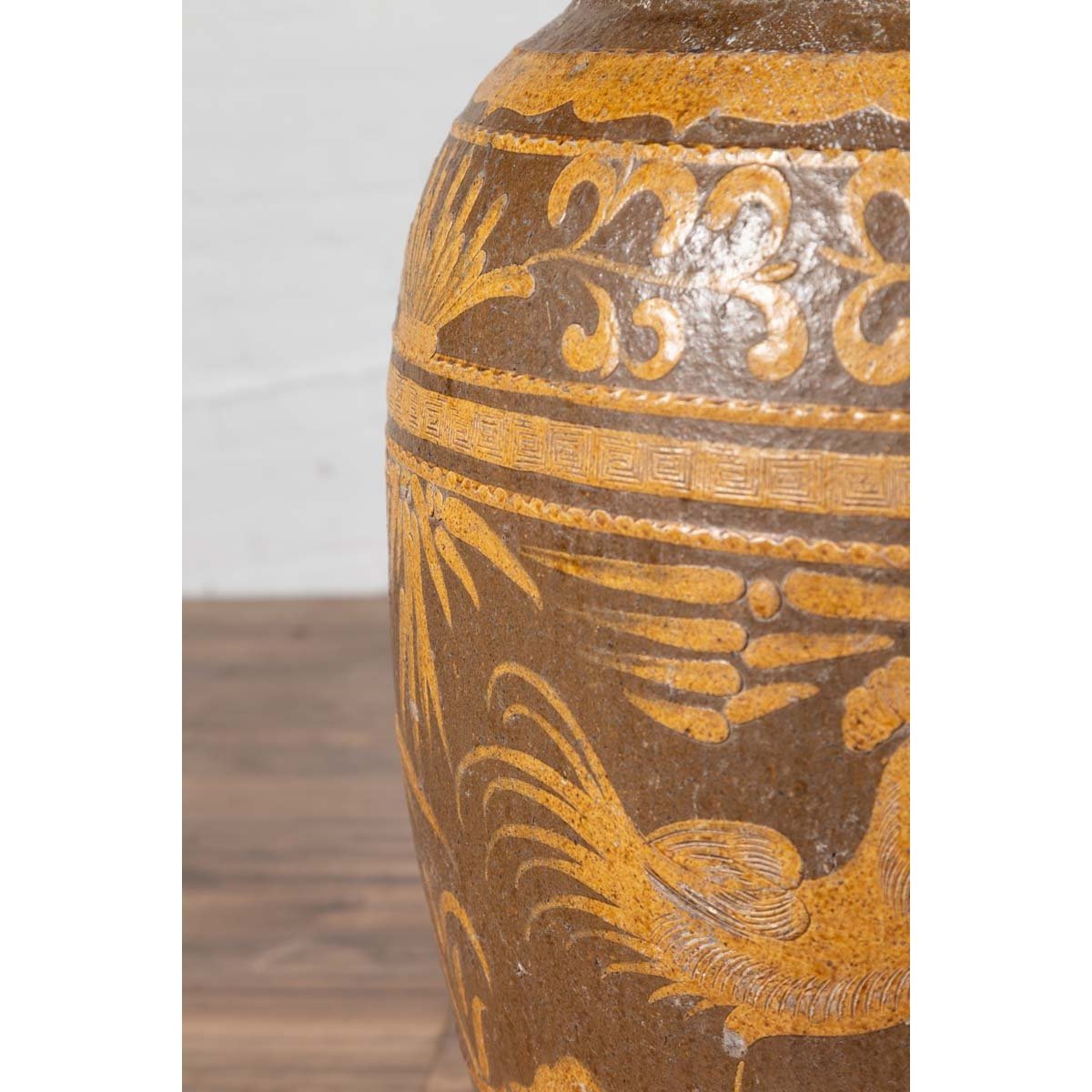 Large Chinese Antique Planter with Mustard Glaze & Bird Design-9. Asian & Chinese Furniture, Art, Antiques, Vintage Home Décor for sale at FEA Home