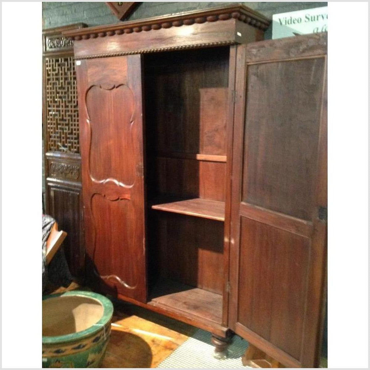 Large Javanese Armoire with Two Carved Doors from Indonesia, 20th Century-4. Asian & Chinese Furniture, Art, Antiques, Vintage Home Décor for sale at FEA Home