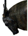 Close-up of a brown leather gnu sculpture with lowered head and one visible horn.
